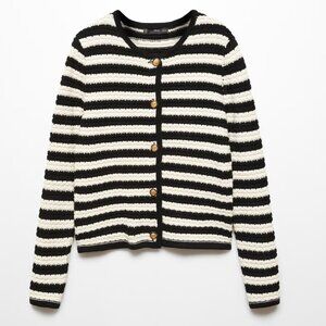 Mango MNG Striped cardigan sweater with jewel buttons Ladies small Black white